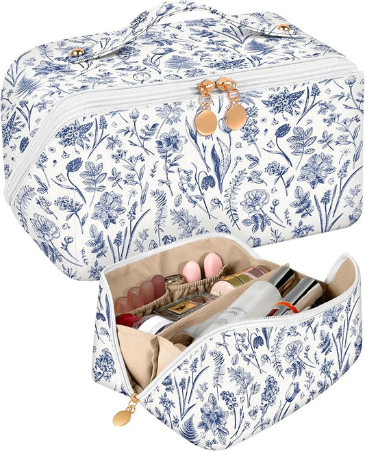 Bistup Makeup Bag Travel Cosmetic Bag Toiletry Make Up Bags Cute Women Large Capacity Big Medium Leather Blue Floral Aesthetic Girl Teen Teenage Foldable Expandable Open Flat Zip