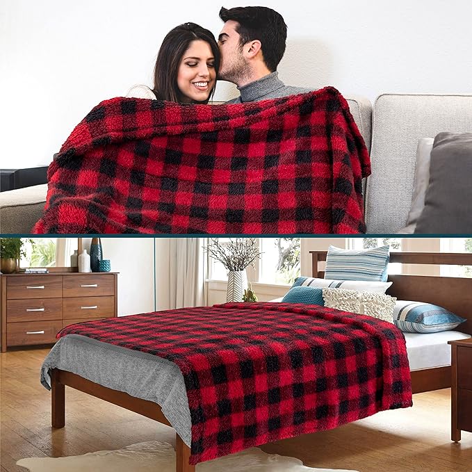 PAVILIA Sherpa Throw Blanket for Couch Sofa, Black Red Checkered Fluffy Warm Plush Blanket for Twin Bed, Cozy Super Soft Lightweight Throw, Fuzzy Decorative Blanket, All Season Home, 60x80