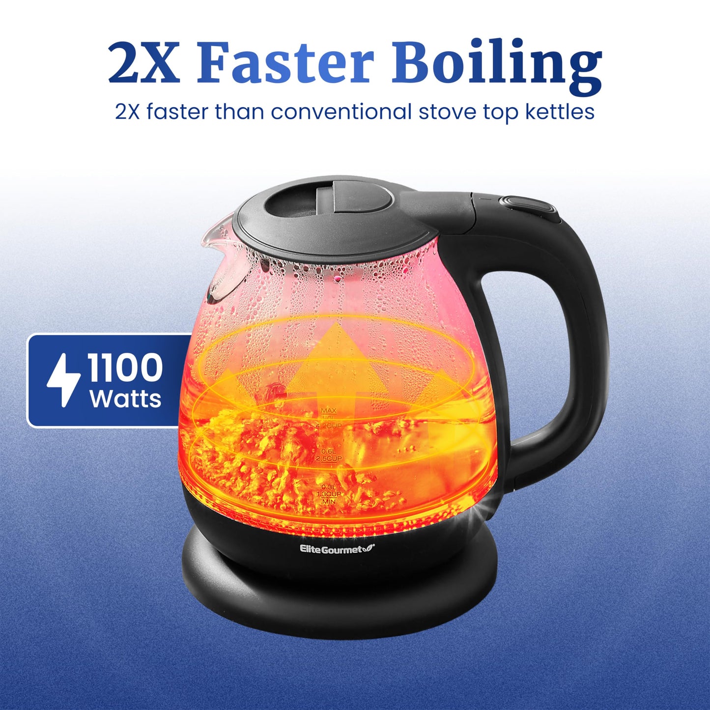 Elite Gourmet EKT1001 Electric 1.0L BPA-Free 1100W Glass Kettle Cordless 360° Base, Stylish Blue LED Interior, Handy Auto Shut-Off Function – Quickly Boil Water For Tea & More, Black