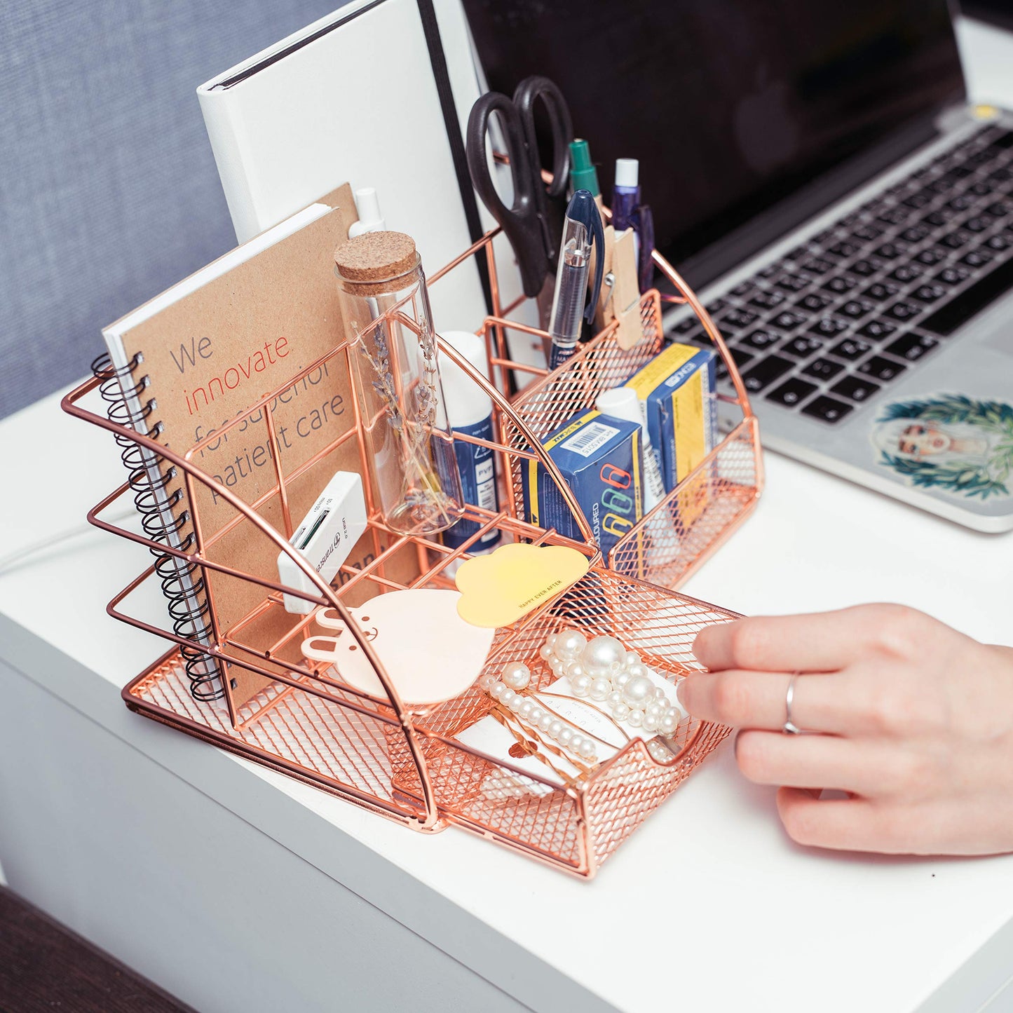 Rose Gold Desk Organizer for Women Cute Home Office Accessories & Supplies Decor, Girly Desktop Stationary Essentials Organization Set, Mesh Caddy Storage 5 Compartments +1 Mini Sliding Drawer