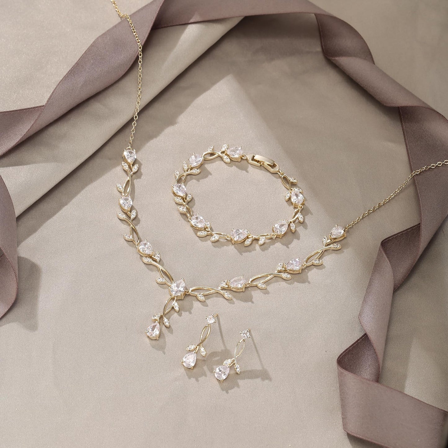 EVER FAITH Wedding Jewelry Set for Bride Bridesmaid, Gold-Plated-Brass Teardrop Cubic Zirconia Leaf Vine Bridal Prom Necklace Dangle Earrings Bracelet Sets for Women