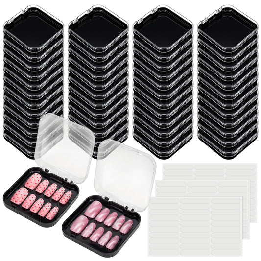 AceOrbit Press on Nail Boxes with 180 Pcs Adhesive Double Sided Tape Acrylic Press on Nail Packaging Cases Transparent Storage Case Organizer for Display Art Salon Supplies(Black,48 Pcs)