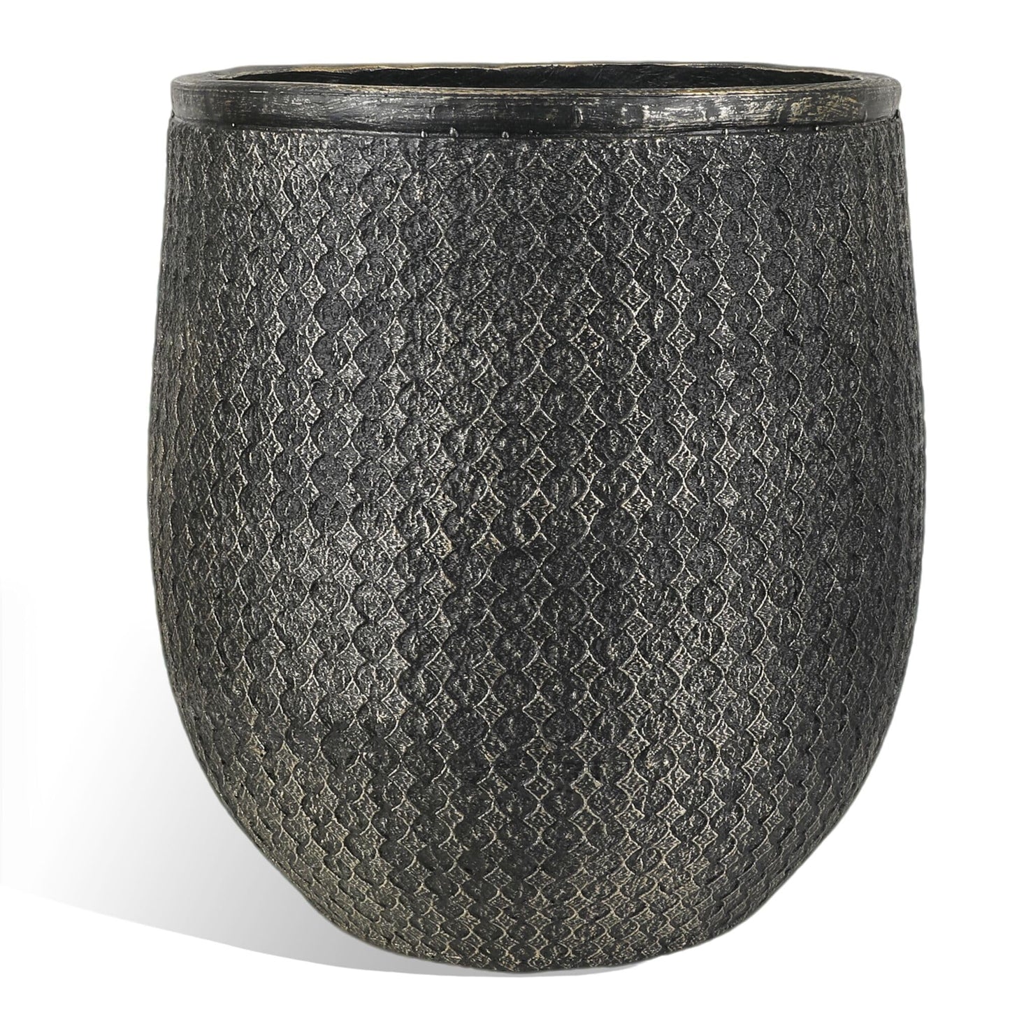 Worth 14.5" Round Planter, Lightweight Magnesium Oxide Cement Plant Pot, Raised Pattern Concrete Look with Drainage Hole for Indoor/Outdoor Use, Black