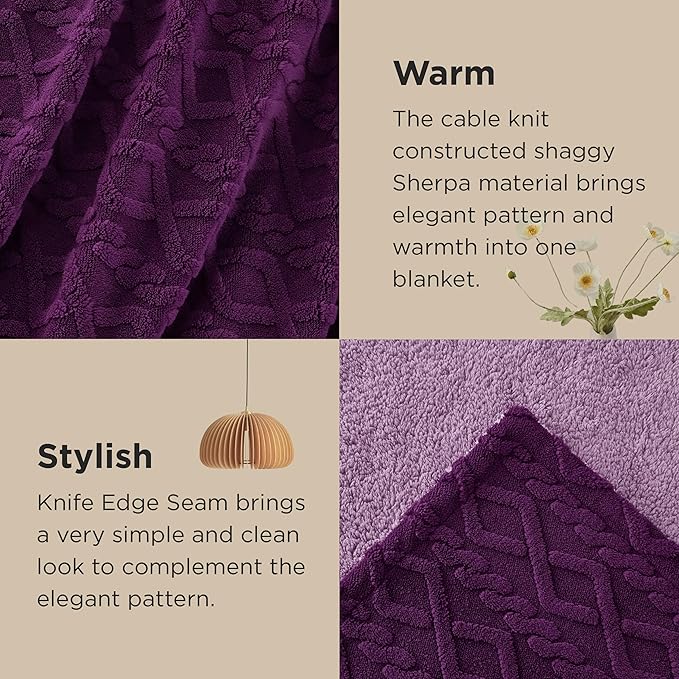 Bedsure Sherpa Queen Size Blanket for Bed - GentleSoft Fleece Fluffy & Cozy Cable Jacquard Tufted for Women Gift, Thick and Warm Blankets for Winter, Purple, 90x90 Inches