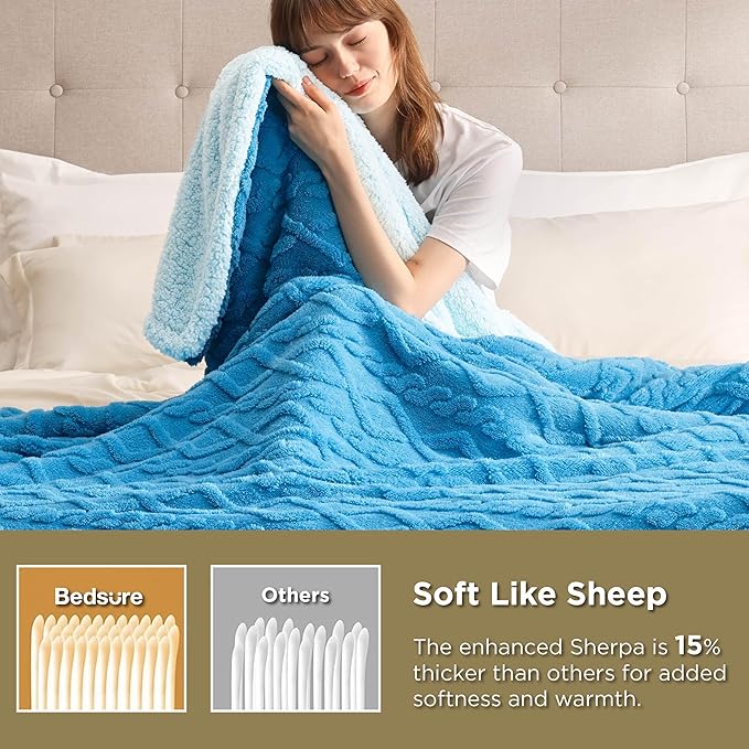 Bedsure Sherpa Fleece Throw Blanket for Couch - GentleSoft Fluffy & Cozy Cable Jacquard Tufted Throw for Women Gift, Thick and Warm Blankets for Winter, Horizon Blue, 50x60 Inches