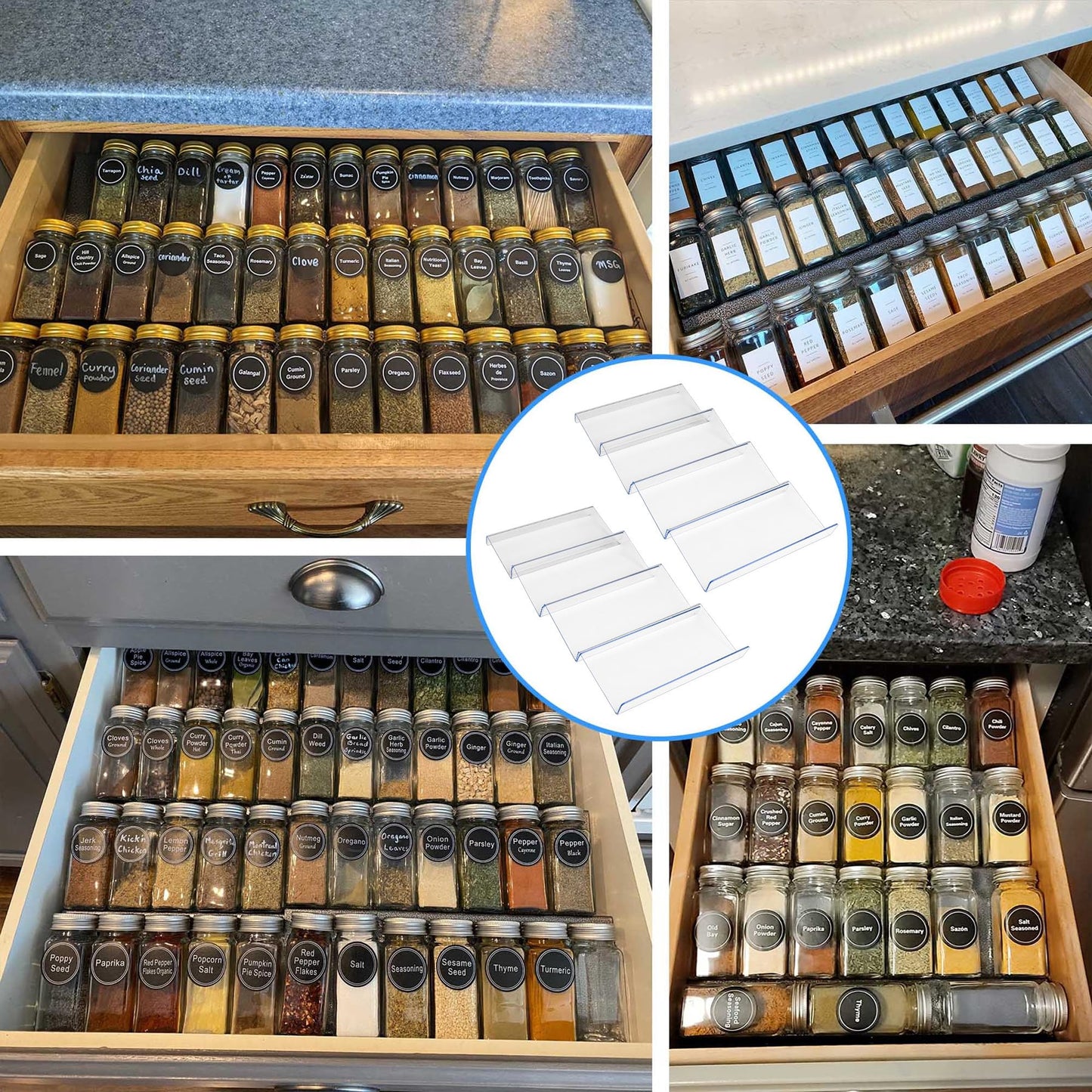 MIUKAA Clear Acrylic Spice Drawer Organizer, 4 Tier- 2 Set Expandable From 9" to 18" Seasoning Jars Drawers Insert, Kitchen Spice Rack Tray for Drawer/Countertop (Jars not included)