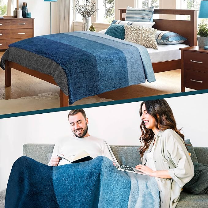 PAVILIA Fluffy Sherpa Throw Blanket Ombre | Gradient Plush, Soft, Fuzzy, Decorative Accent Throw Blanket for Couch Sofa Twin Bed | Cozy Warm Decorative Furry Faux Fur Blanket, 60x80 Inches Sea Blue