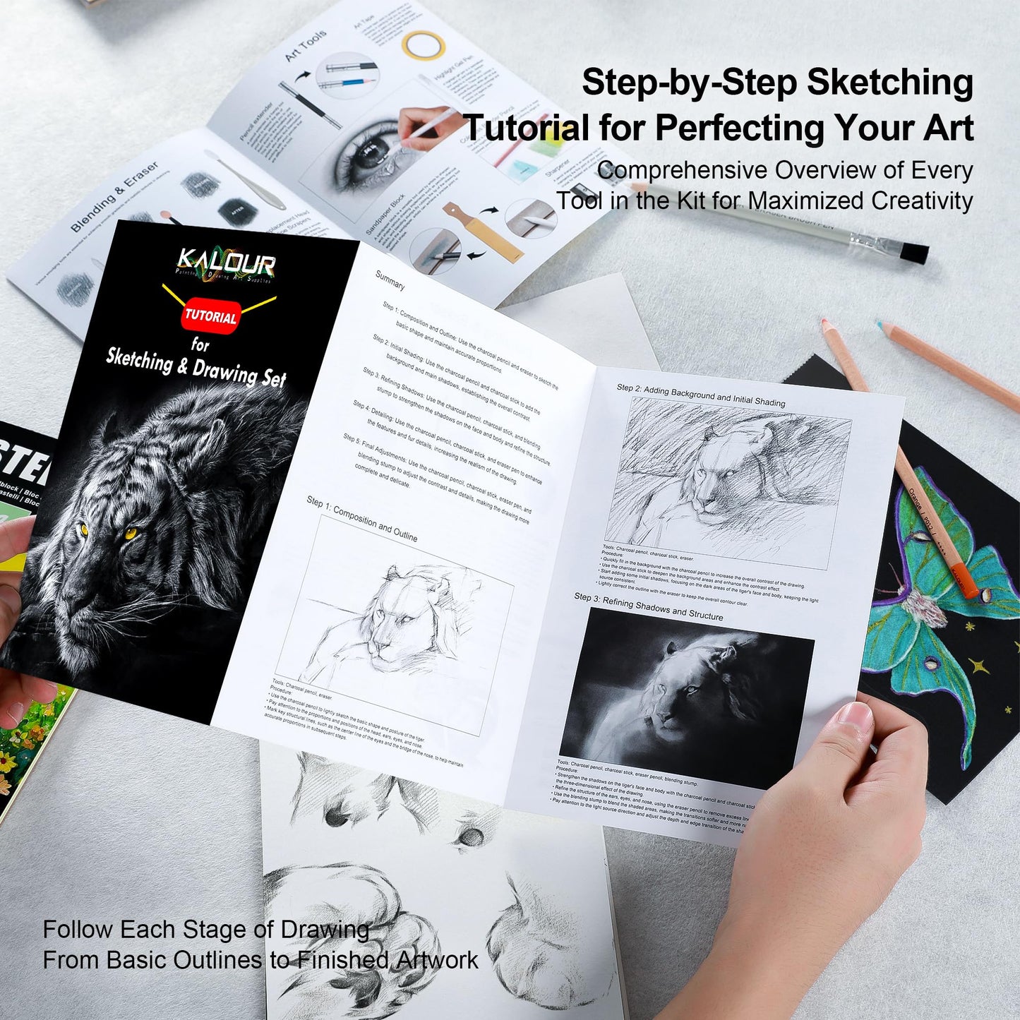 KALOUR 95-Piece Sketching and Drawing Art Set with 3-color Sketch Book and Pastel Paper – Graphite, Charcoal, and Pastel Pencils – Complete Artist Kit for Beginners and Professionals