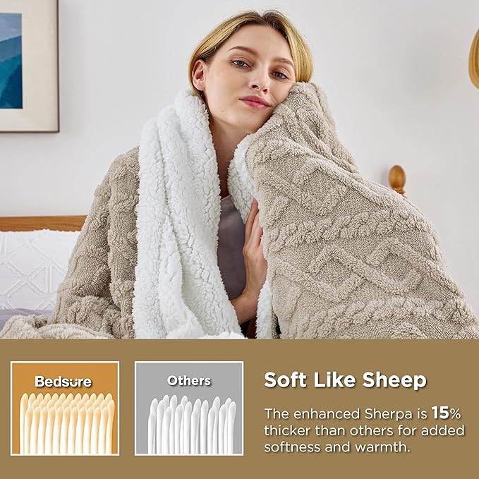 Bedsure Sherpa Queen Size Blanket for Bed - GentleSoft Fleece Fluffy & Cozy Cable Jacquard Tufted for Women Gift, Thick and Warm Blankets for Winter, Beige, 90x90 Inches