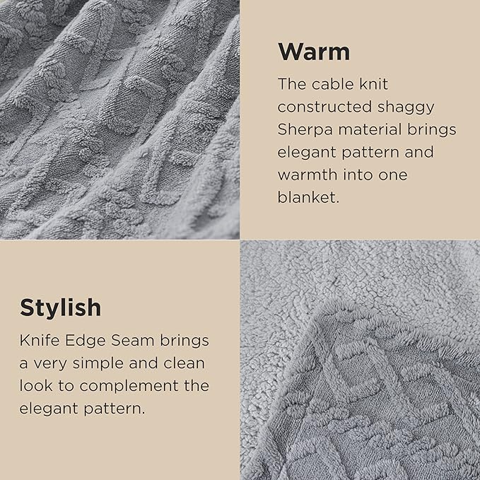 Bedsure Sherpa King Size Blanket for Bed- Fleece Soft Cozy Fuzzy Cable Blankets for Women, Thick Warm for Winter and All Seasons, Grey, 108x90 Inches