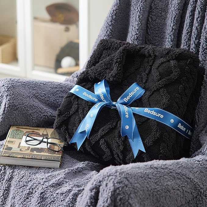 Bedsure Sherpa Queen Size Blanket for Bed - GentleSoft Fleece Fluffy & Cozy Cable Jacquard Tufted for Women Gift, Thick and Warm Blankets for Winter, Black, 90x90 Inches