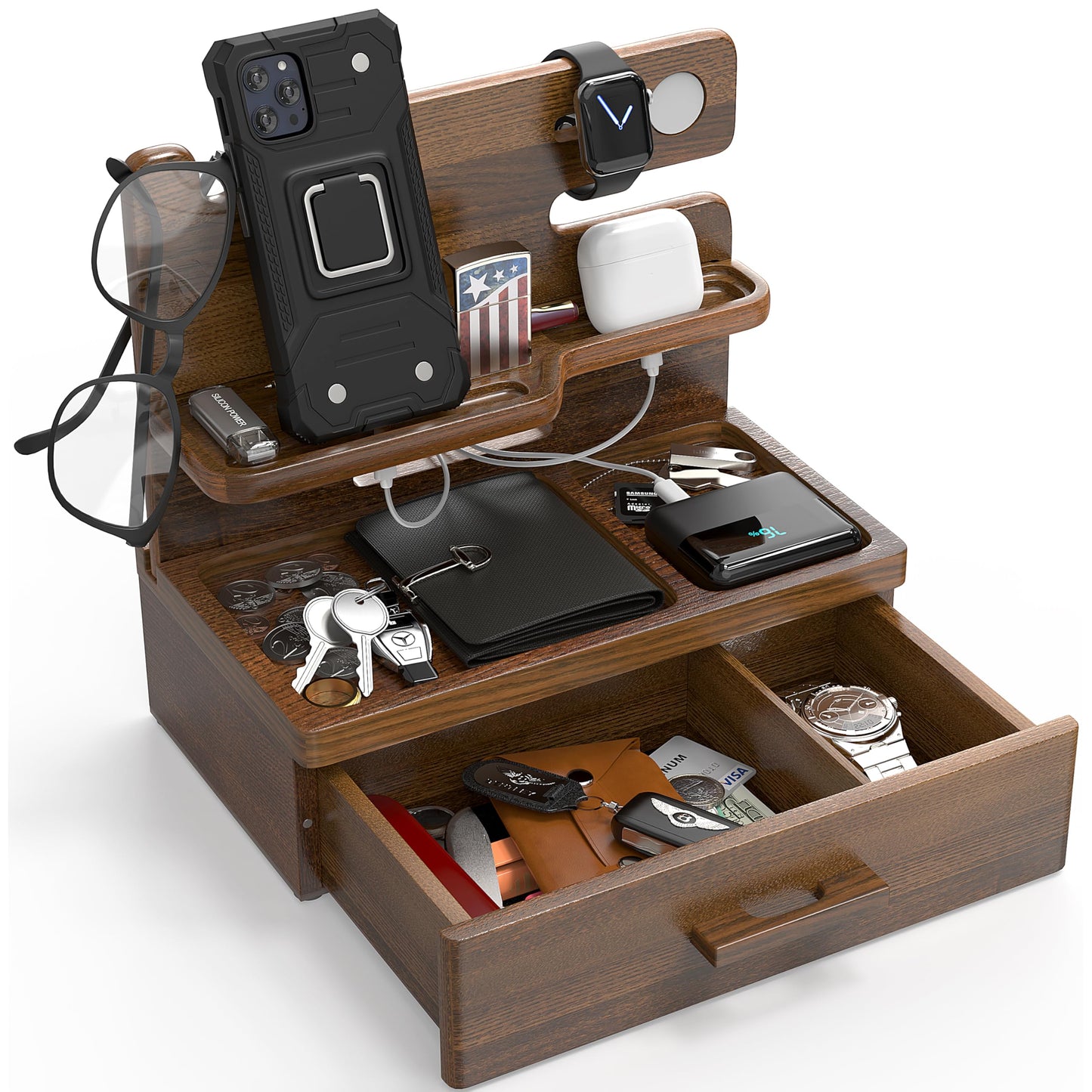 BarvA Phone Docking Station with Drawer Organizer | Night Stand Desk Charging Station | Upgraded Nightstand Organizer | Dresser Smart Watch Earbuds Phone Stand | Room Decor Gifts for Women Men Mom