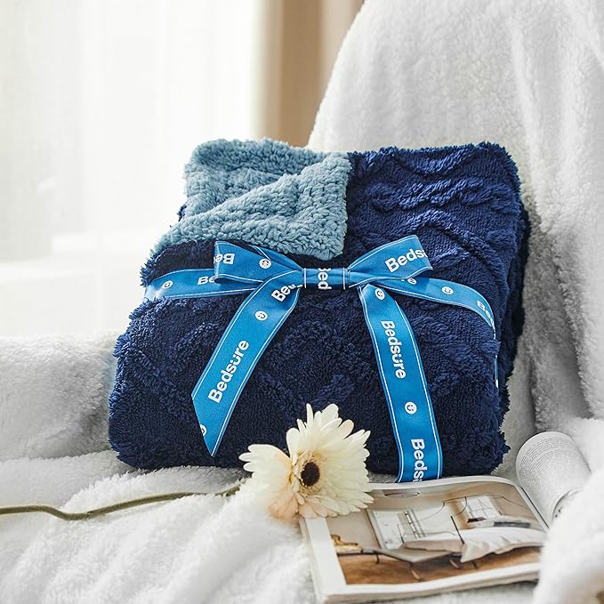 Bedsure Sherpa Fleece Blanket Twin Size for Bed - GentleSoft Fluffy & Cozy Cable Jacquard Tufted for Women Gift, Thick and Warm Blankets for Winter, Navy, 60x80 Inches