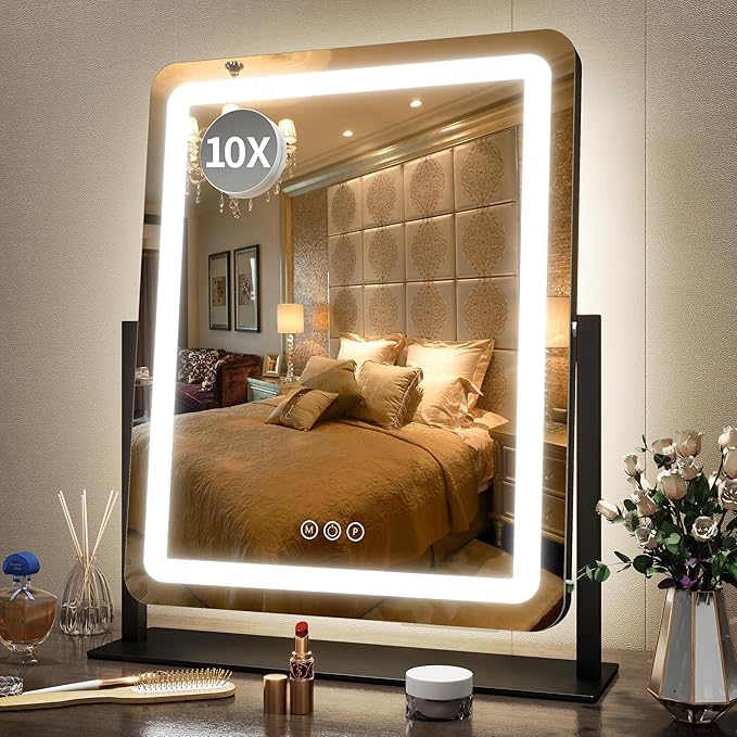 FENNIO Vanity Mirror with Lights 19"x22" - LED Lighted Makeup Mirror,Large Makeup Mirror with Lights,Touch Screen with 3-Color Lighting,Led Mirror Makeup,Dimmable, for Vanity Desk Tabletop, Bedroom