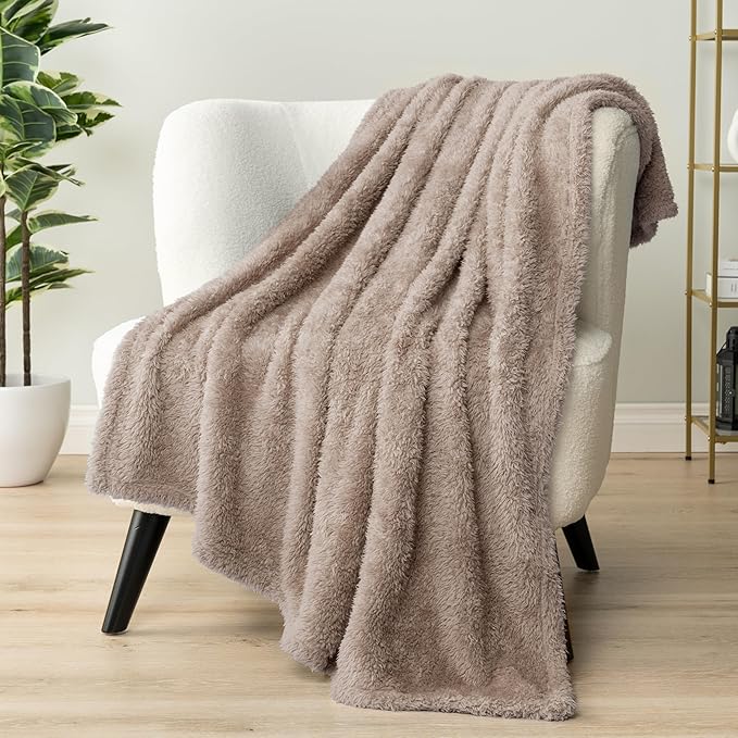 PAVILIA Sherpa Throw Blanket for Couch Sofa, Taupe Tan Fluffy Warm Plush Blanket for Twin Bed, Cozy Super Soft Lightweight Throw, Fuzzy Decorative Blanket, All Season Home, 60x80