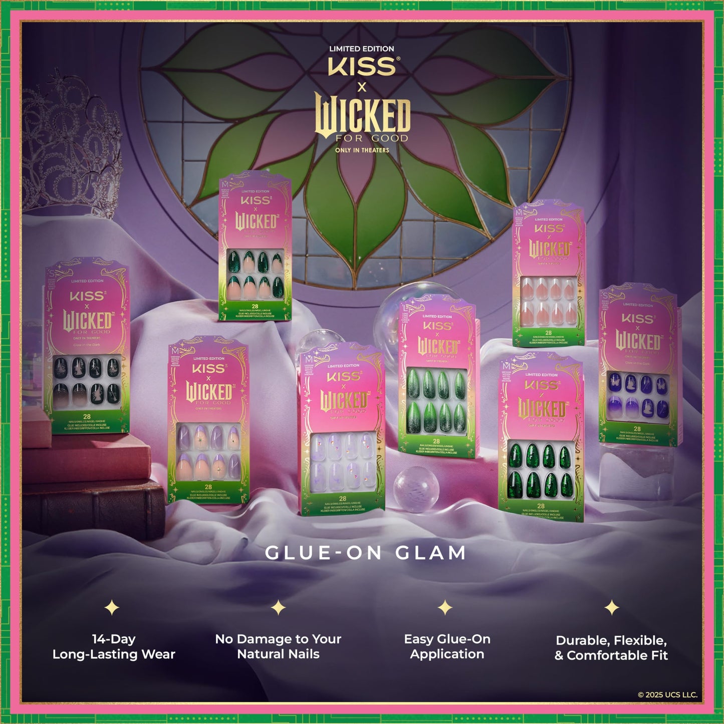 KISS X WICKED: FOR GOOD Press On Nails, ‘Own Your Power’, Black, Short Oval, Waterproof, Chip Proof, Smudge Proof, 28 Fake Nails, Pink Gel Nail Glue (2g), Mini Nail File, & Manicure Stick