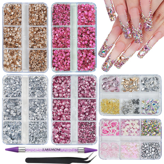 EARLMONI 12000PCS Flat Back Rhinestone Kits Pink Rhinestones Silver Face Gems Gold Nail Charms Flatback Pearls + Rhinestone Picker Tool 3D Shapes Nails Jewels for Bedazzling Face Makeup and Nail Art
