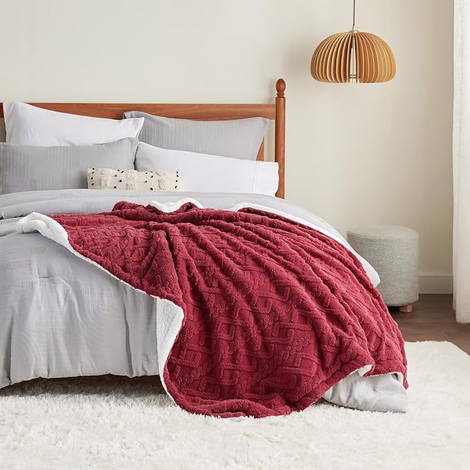 Bedsure Sherpa Fleece Throw Blanket for Couch - GentleSoft Fluffy & Cozy Cable Jacquard Tufted Throw for Women Gift, Thick and Warm Blankets for Winter, Red, 50x60 Inches