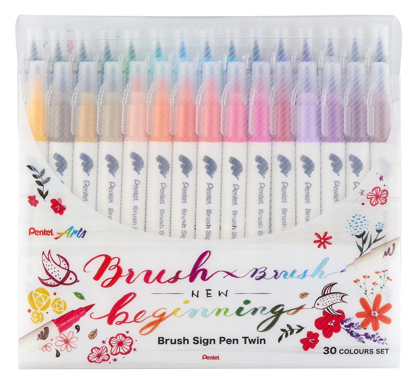 Pentel SESW30C-30 Brush Sign Pen Twin, 30 Colour Set, Fibre Tip Pens with Two Flexible Tips, Water-based Ink, Assorted, Pack of 30