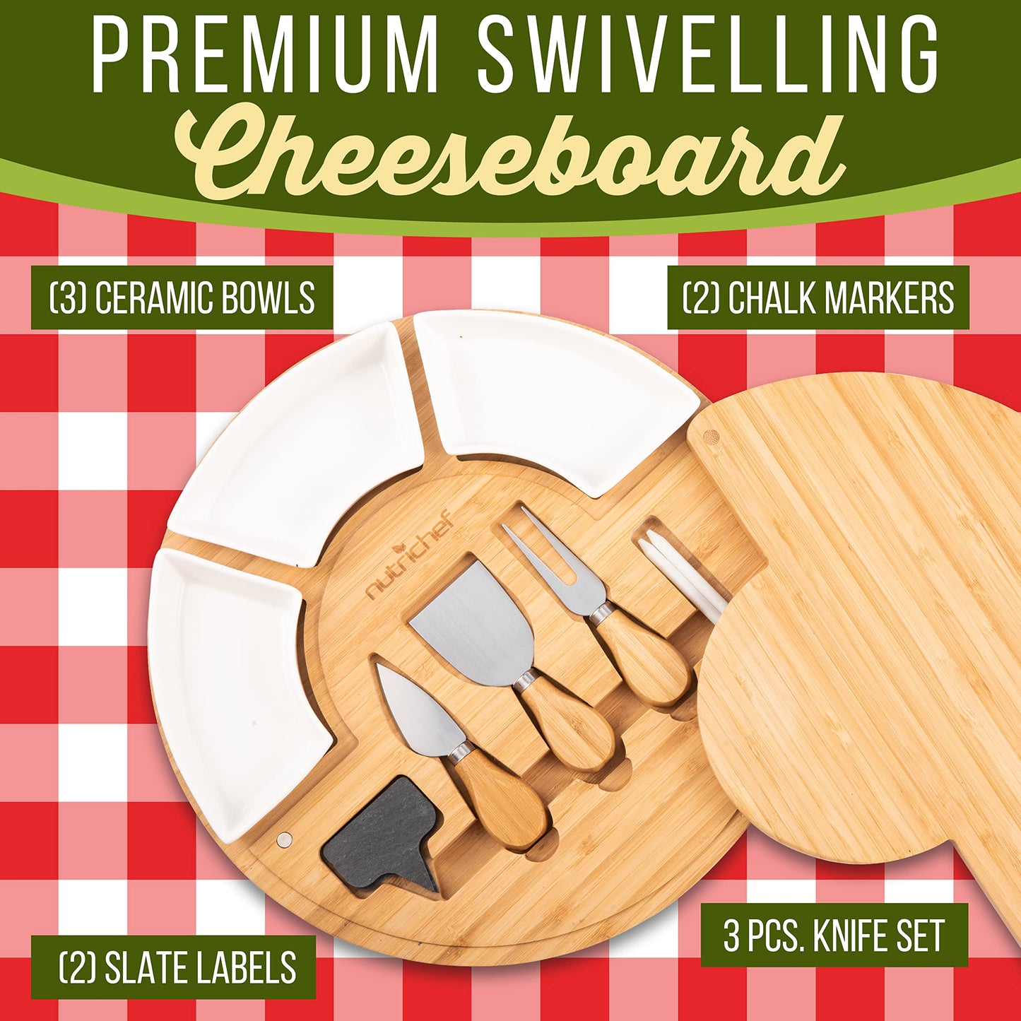 NutriChef Bamboo Natural Cheese Board Set with Bonus Condiment Cup-Extra Large Size 100% Home Organic Wooden Plate and Charcuterie Tray with 4 pcs Cutting Knife Slicer, 13" Round