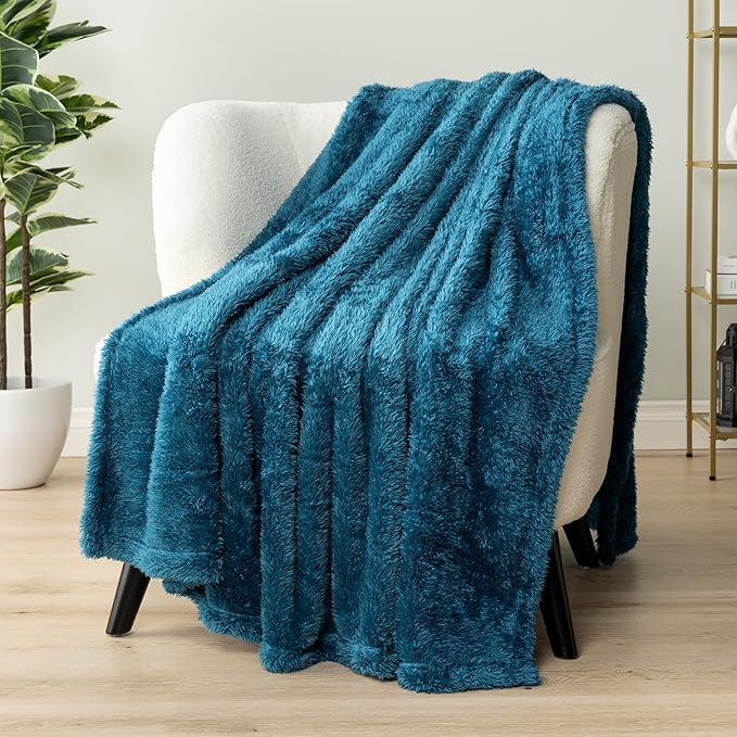 PAVILIA Sherpa Throw Blanket for Couch Sofa, Turquoise Teal Blue Fluffy Warm Plush Blanket for Twin Bed, Cozy Super Soft Lightweight Throw, Fuzzy Decorative Blanket, All Season Home, 60x80