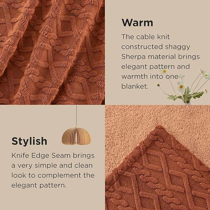 Bedsure Sherpa King Size Blanket for Bed- GentleSoft Fleece Fluffy & Cozy Cable Jacquard Tufted for Women Gift, Thick and Warm Blankets for Winter, Orange, 108x90 Inches