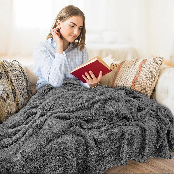 PAVILIA Sherpa Throw Blanket for Couch Sofa, Grey Fluffy Warm Plush Blanket for Bed, Cozy Super Soft Lightweight Throw, Fuzzy Decorative Blanket, All Season Home, 50x60