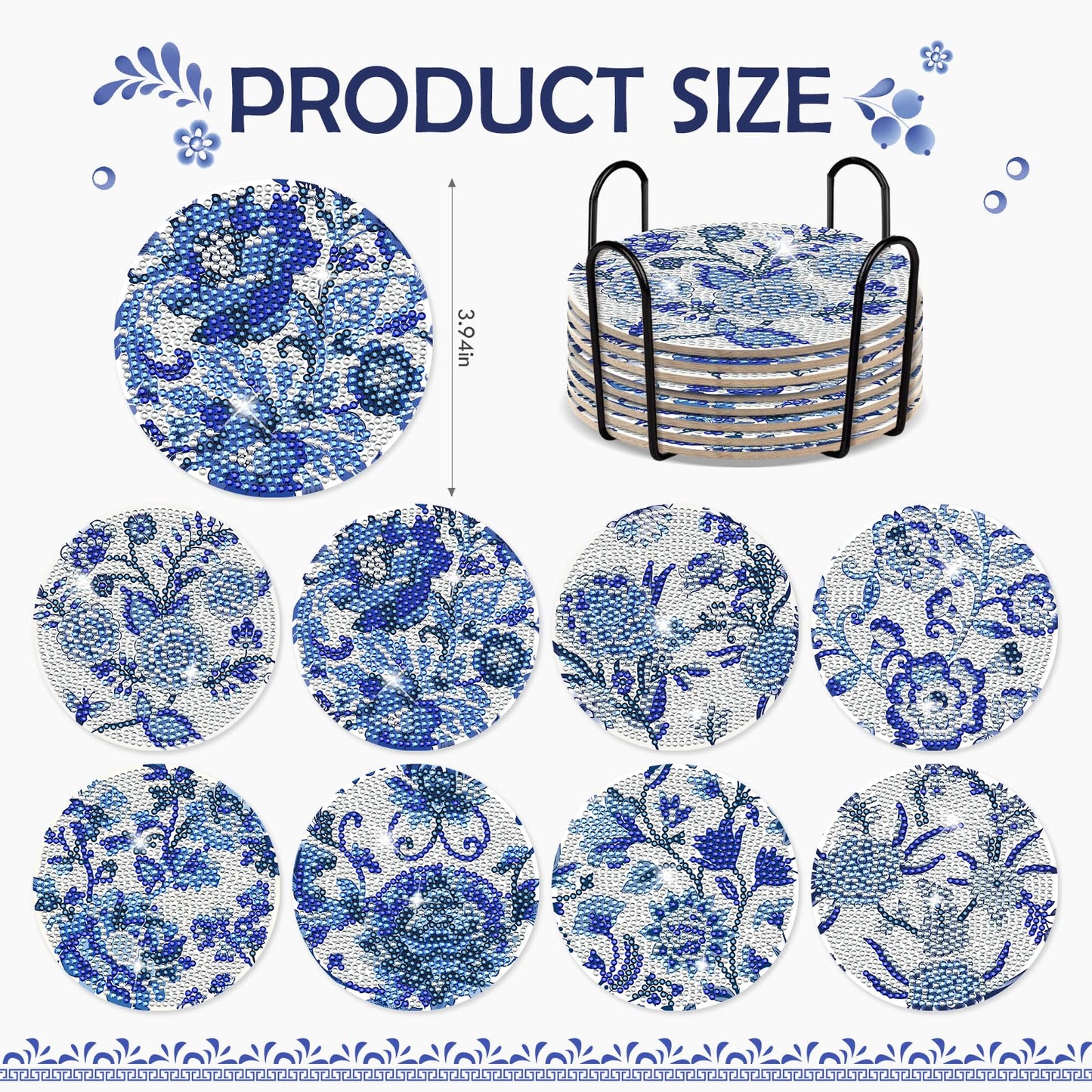 INCOK Blue Flower Diamond Art Coasters - 8 Pcs Diamond Painting Coasters Kits with Cork Base Home Table Decor DIY Crafts Party Supplies Mother's Day Birthday Gift for Adult Beginners