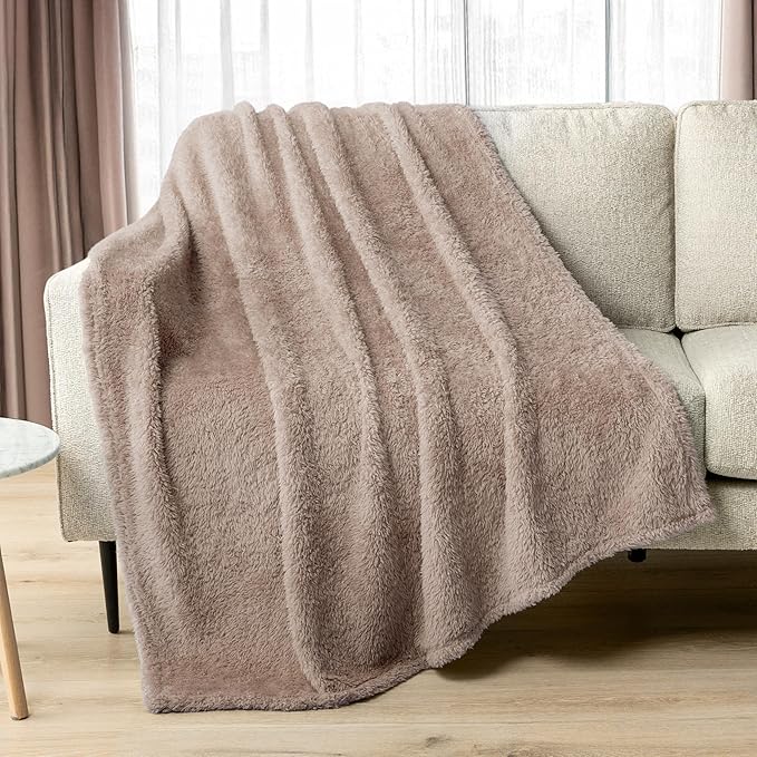 PAVILIA Sherpa Throw Blanket for Couch Sofa, Taupe Tan Fluffy Warm Plush Blanket for Twin Bed, Cozy Super Soft Lightweight Throw, Fuzzy Decorative Blanket, All Season Home, 60x80