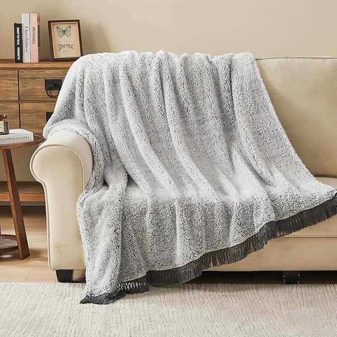 EMME Fuzzy Blanket Soft Fleece Throw Blankets for Women, Fluffy Sherpa Throws(Tassel Grey,50"x60")