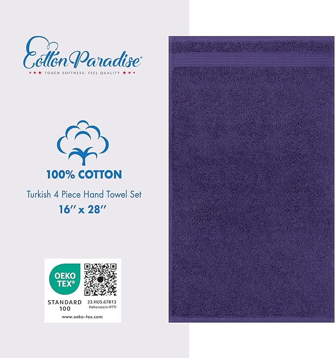 Cotton Paradise Hand Towels for Bathroom, 100% Cotton Turkish 4 Piece Hand Towel Set, Soft Absorbent Face Towels, Purple Hand Towels