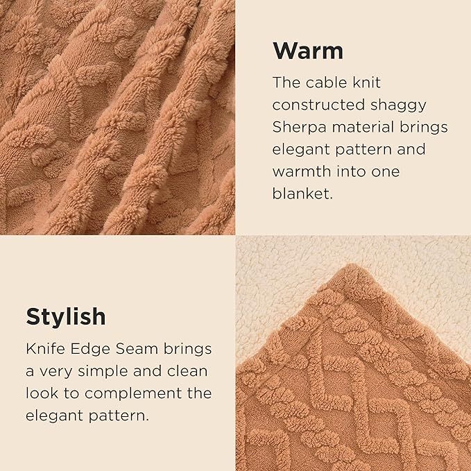 Bedsure Sherpa Queen Size Blanket for Bed - GentleSoft Fleece Fluffy & Cozy Cable Jacquard Tufted for Women Gift, Thick and Warm Blankets for Winter, Light Brown, 90x90 Inches