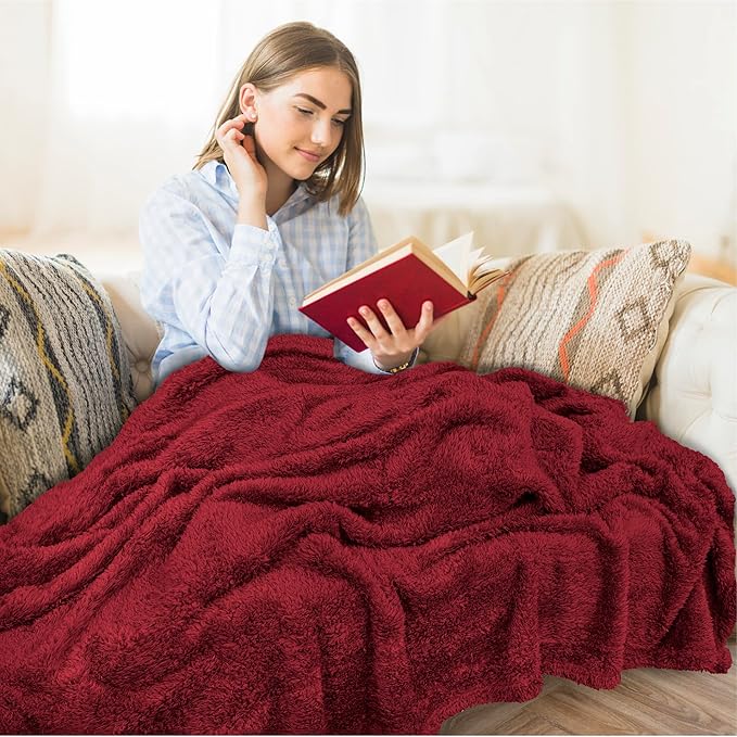PAVILIA Sherpa Throw Blanket for Couch Sofa, Wine Red Fluffy Warm Plush Blanket for Bed, Cozy Super Soft Lightweight Throw, Fuzzy Decorative Blanket, All Season Home, 50x60