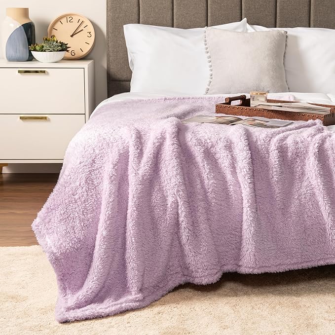 PAVILIA Sherpa Throw Blanket for Couch Sofa, Light Purple Lavender Fluffy Warm Plush Blanket for Bed, Cozy Super Soft Lightweight Throw, Fuzzy Decorative Blanket, All Season Home, 50x60