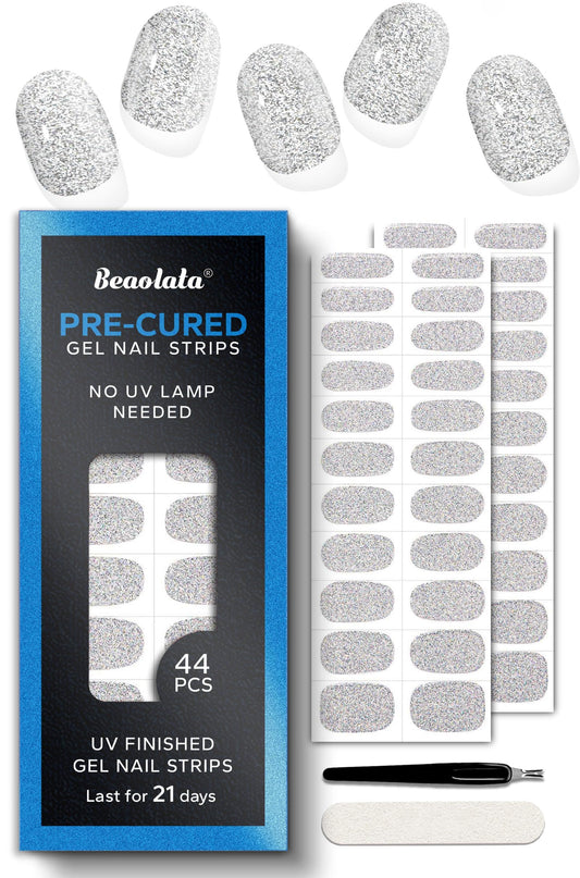 Beaolata Real Gel Nail Strips (No UV Light Needed) - 44Pcs Salon Quality Nail Stickers - Long Lasting Polish Wraps for Women, Easy Apply & Remove (Ethereal Silver)