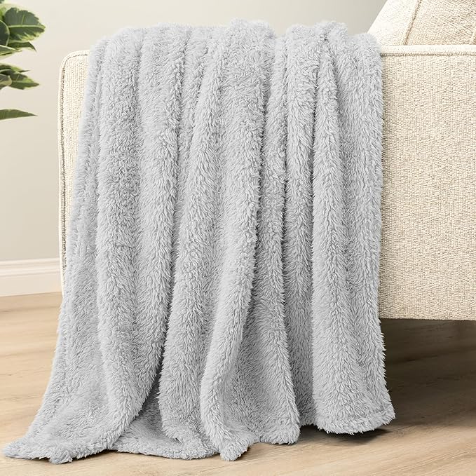Pavilion Sherpa Bed Blanket Queen Size - Light Grey Plush Soft Cozy, Fluffy Microfiber, Fuzzy All Season, 90x90