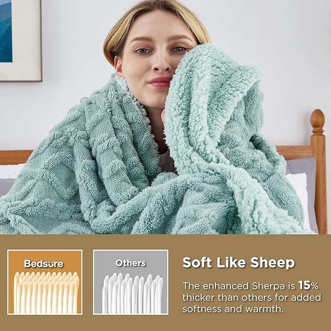 Bedsure Sherpa King Size Blanket for Bed- GentleSoft Fleece Fluffy & Cozy Cable Jacquard Tufted for Women Gift, Thick and Warm Blankets for Winter, Sage Green, 108x90 Inches