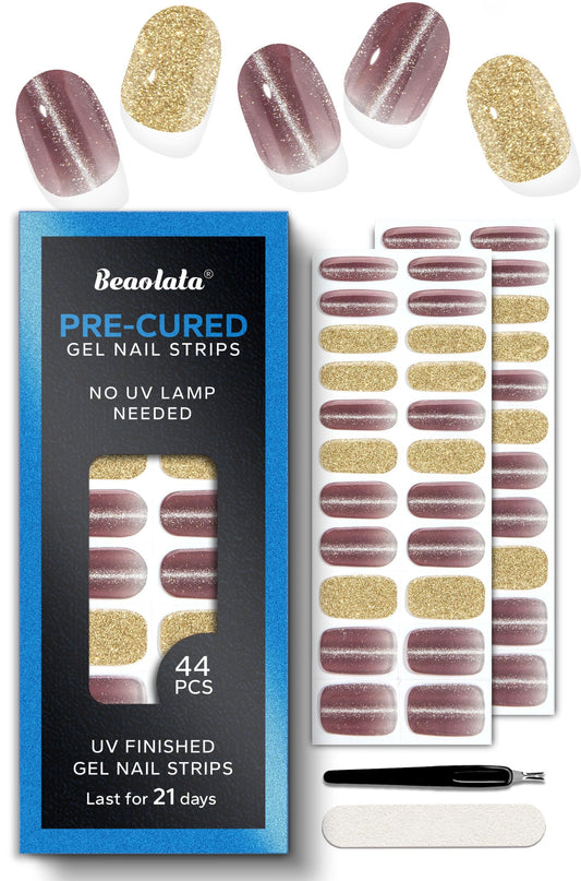 Beaolata Real Gel Nail Strips (No UV Light Needed) - 44Pcs Salon Quality Nail Stickers - Long Lasting Polish Wraps for Women, Easy Apply & Remove (Gothic Purple）