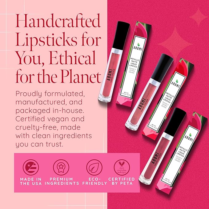 Aromi Metallic Liquid Lipstick | Long-lasting, Waterproof, Lip Color with Shimmery Finish, Vegan, Cruelty-free, Gluten and Paraben Free, Made in USA, Handmade (Vulgar Violet)