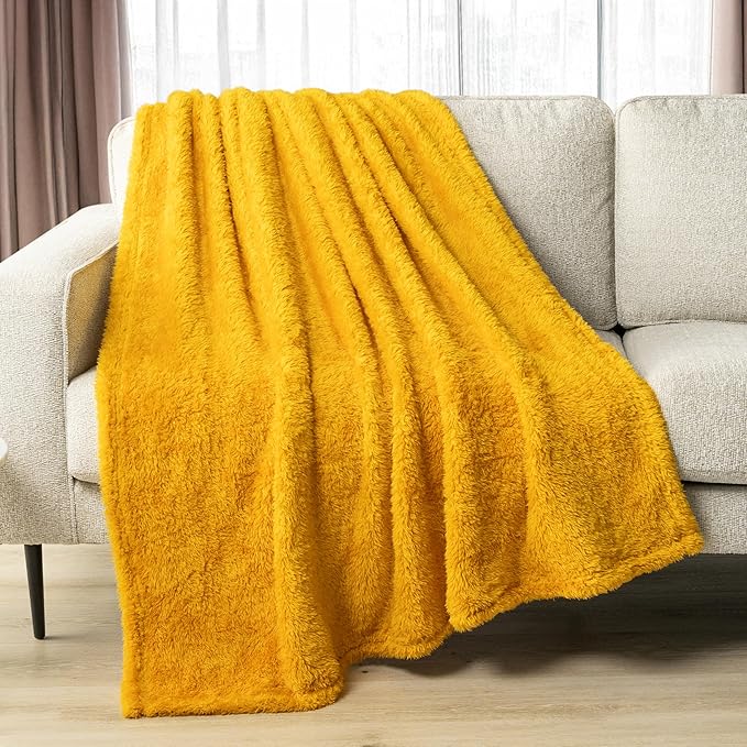 PAVILIA Sherpa Throw Blanket for Couch Sofa, Mustard Yellow Fluffy Warm Plush Blanket for Bed, Cozy Super Soft Lightweight Throw, Fuzzy Decorative Blanket, All Season Home, 50x60