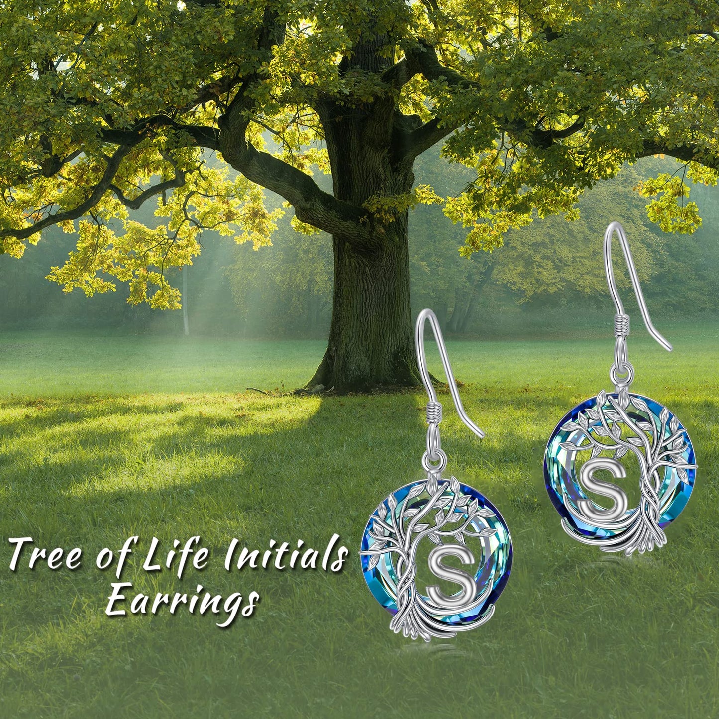 TOUPOP Tree of Life Initial Earrings Sterling Silver Initial S Letter Drop Dangle Earrings Blue Circle Crystal Family Tree Jewelry Birthday Mothers Day Gifts for Women Mom Her