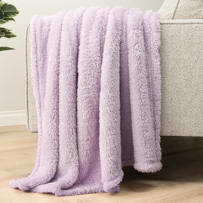 PAVILIA Sherpa Throw Blanket for Couch Sofa, Light Purple Lavender Fluffy Warm Plush Blanket for Bed, Cozy Super Soft Lightweight Throw, Fuzzy Decorative Blanket, All Season Home, 50x60
