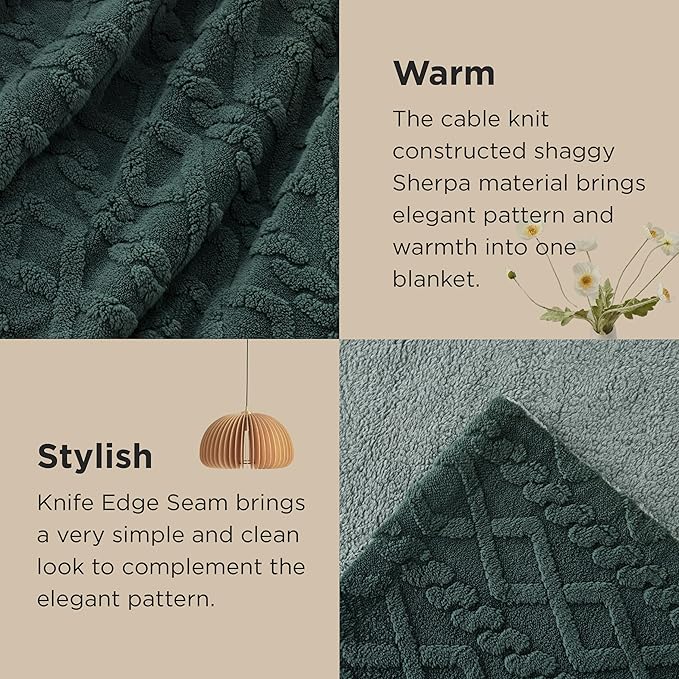 Bedsure Sherpa Fleece Blanket Twin Size for Bed - GentleSoft Fluffy & Cozy Cable Jacquard Tufted for Women Gift, Thick and Warm Blankets for Winter, Dark Green, 60x80 Inches