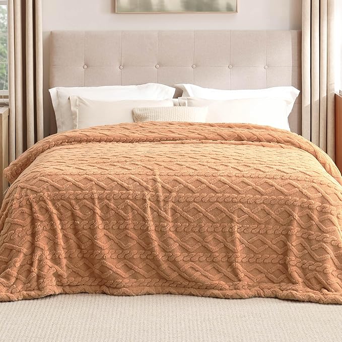 Bedsure Sherpa Queen Size Blanket for Bed - GentleSoft Fleece Fluffy & Cozy Cable Jacquard Tufted for Women Gift, Thick and Warm Blankets for Winter, Light Brown, 90x90 Inches