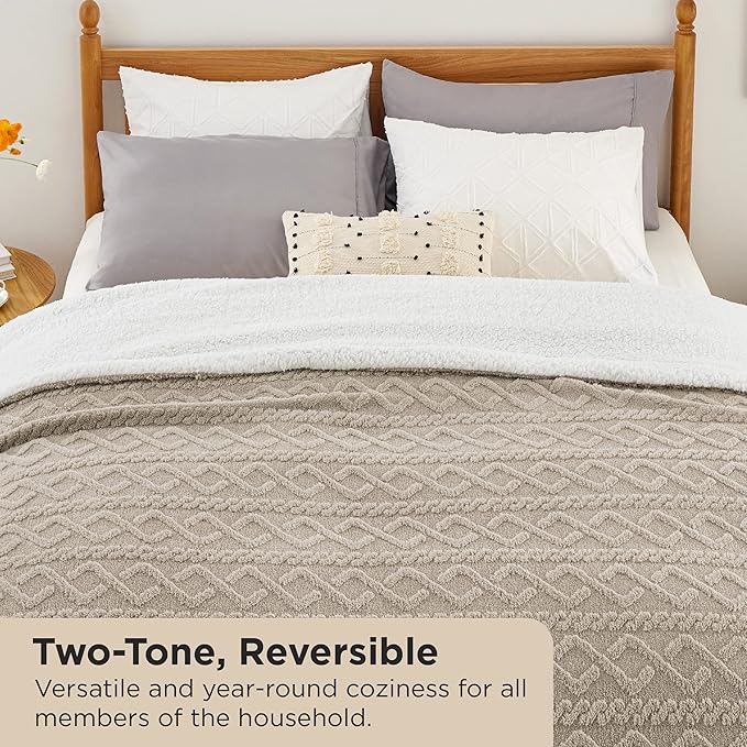 Bedsure Sherpa King Size Blanket for Bed- GentleSoft Fleece Fluffy & Cozy Cable Jacquard Tufted for Women Gift, Thick and Warm Blankets for Winter, Beige, 108x90 Inches