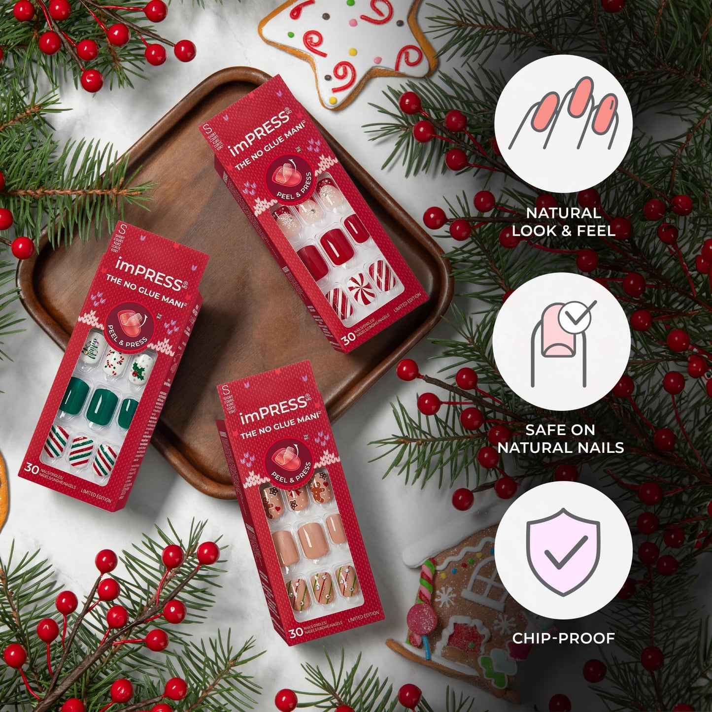 KISS imPRESS Holiday Press On Nails, ‘Santa Baby’, Red, Short Squoval, Improved Super Hold Adhesive, 30 Fake Nails, Prep Pad, Mini Nail File, & Manicure Stick