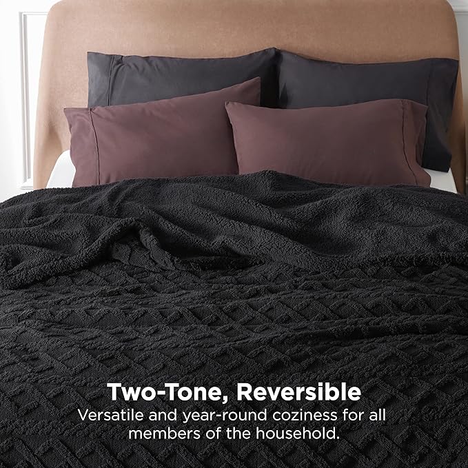 Bedsure Sherpa Queen Size Blanket for Bed - GentleSoft Fleece Fluffy & Cozy Cable Jacquard Tufted for Women Gift, Thick and Warm Blankets for Winter, Black, 90x90 Inches