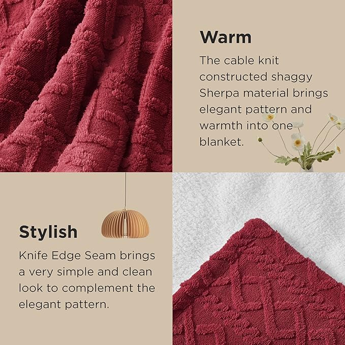 Bedsure Sherpa Fleece Blanket Twin Size for Bed - GentleSoft Fluffy & Cozy Cable Jacquard Tufted for Women Gift, Thick and Warm Blankets for Winter, Red, 60x80 Inches