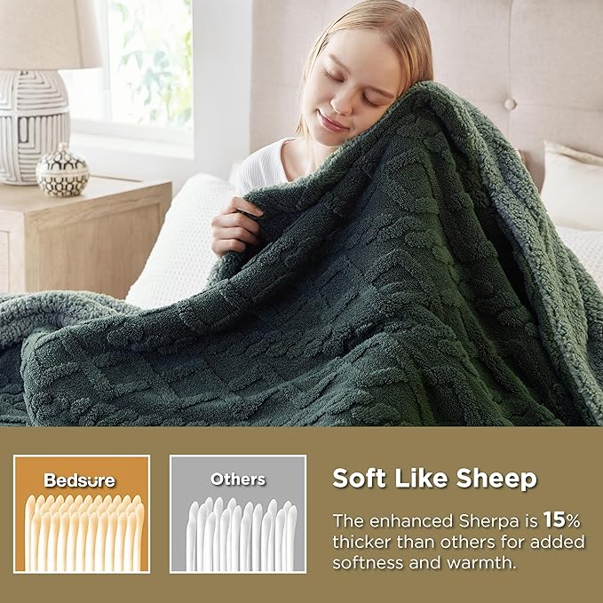 Bedsure Sherpa Fleece Throw Blanket for Couch - GentleSoft Fluffy & Cozy Cable Jacquard Tufted Throw for Women Gift, Thick and Warm Blankets for Winter, Dark Green, 50x60 Inches