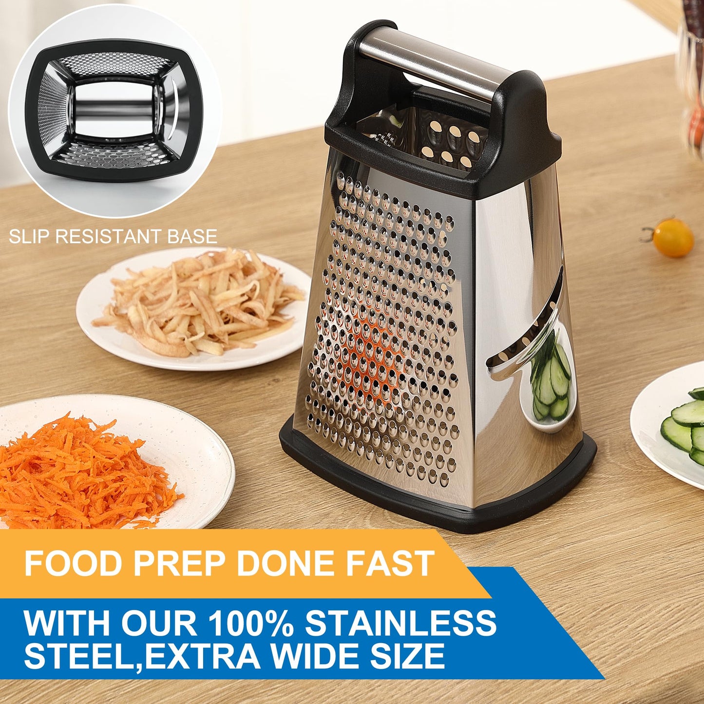 OIM Omiiomio Professional Cheese Grater - Stainless Steel, XL Size, 4 Sides - Perfect Box Grater for Parmesan Cheese, Vegetables, Ginger - Dishwasher Safe - Black